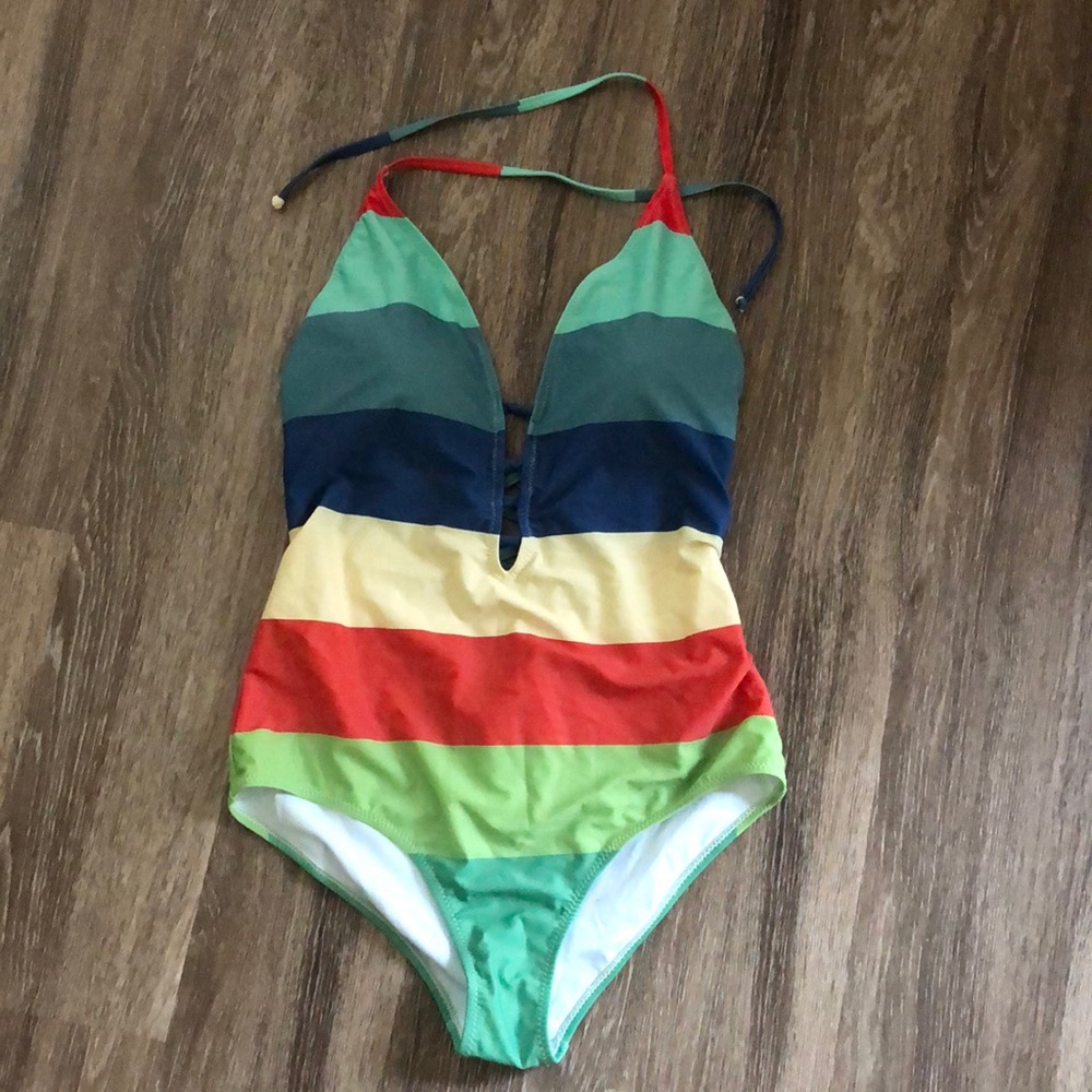 ModCloth, one piece bathing suit with stripes and open front and back detailing
